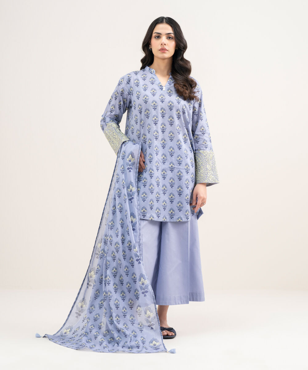 Women's RTW Lawn Embroidered Blue Straight Shirt