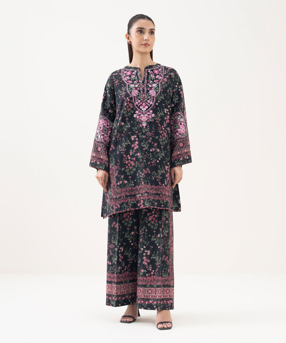 Women's Unstitched Khaddar Embroidered Black 2 Piece Suit