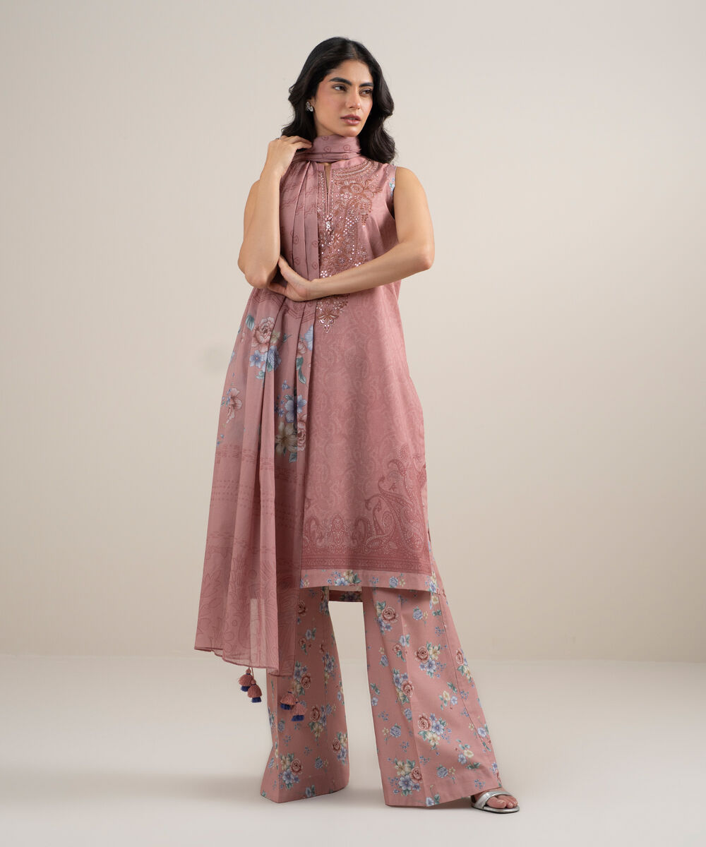 Women's Unstitched Lawn Embroidered Pink 3 Piece Suit