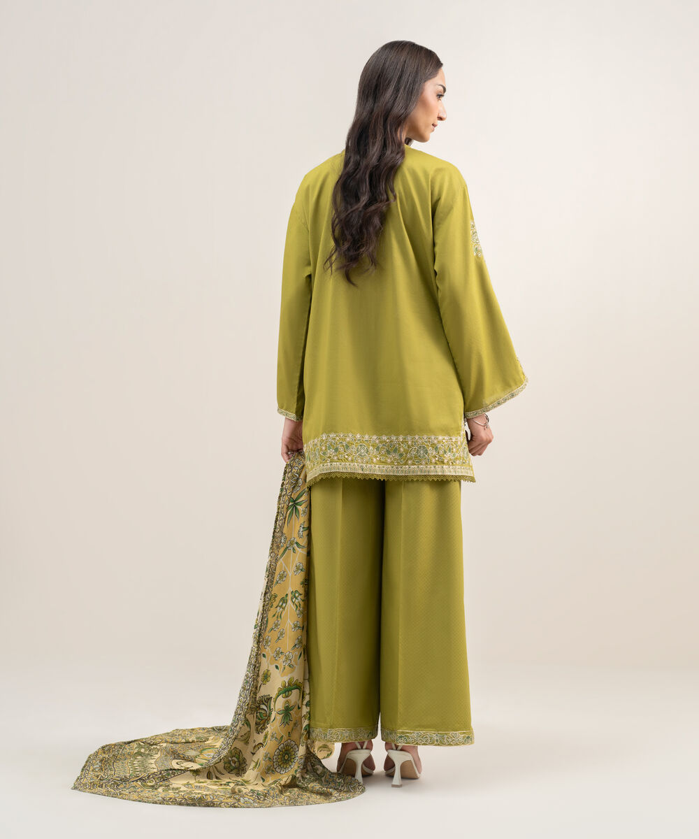 Women's RTW Dobby Embroidered Green 3 Piece Suit