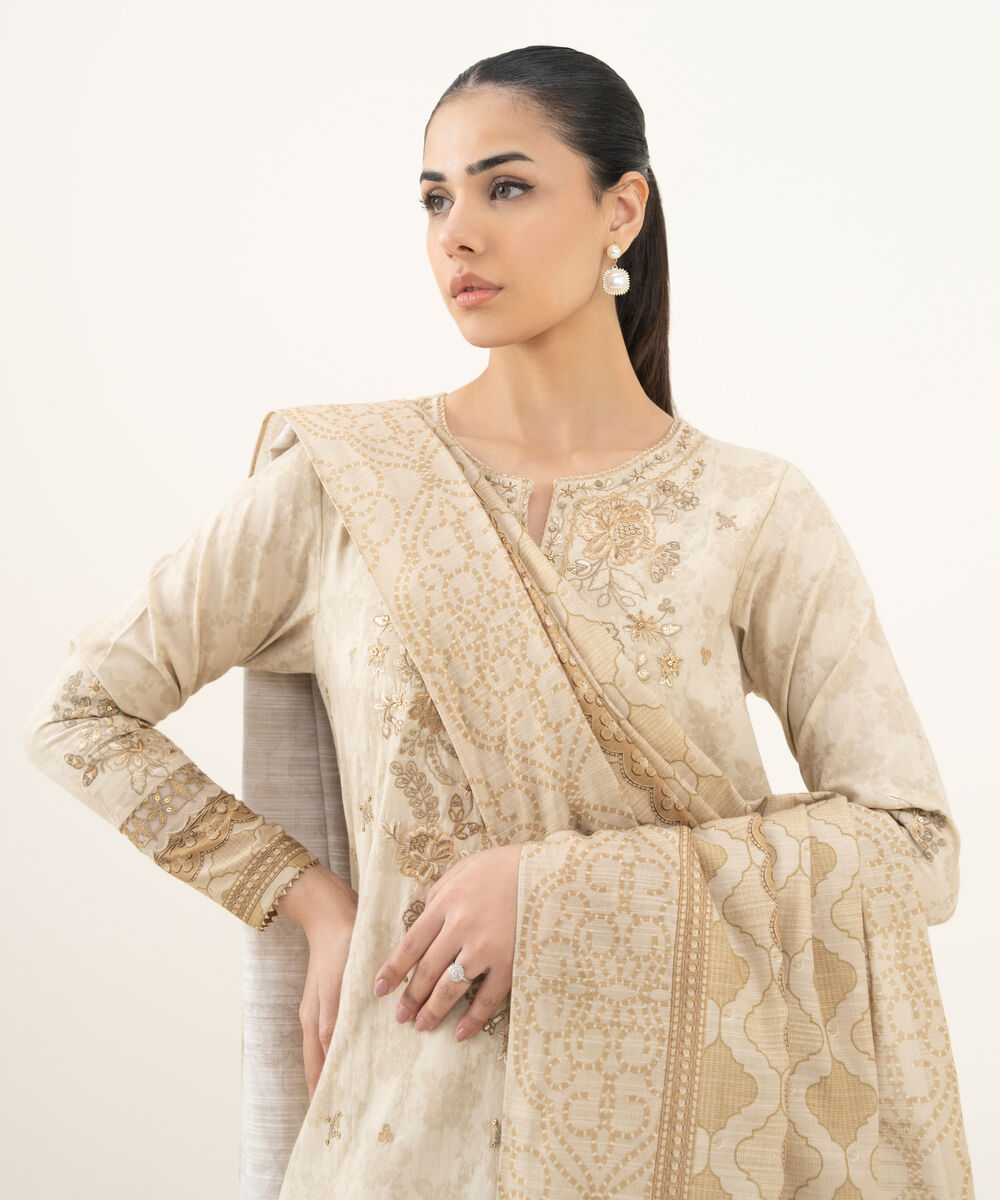 Women's Unstitched Embroidered Cotton Jacquard Beige 3 Piece Suit