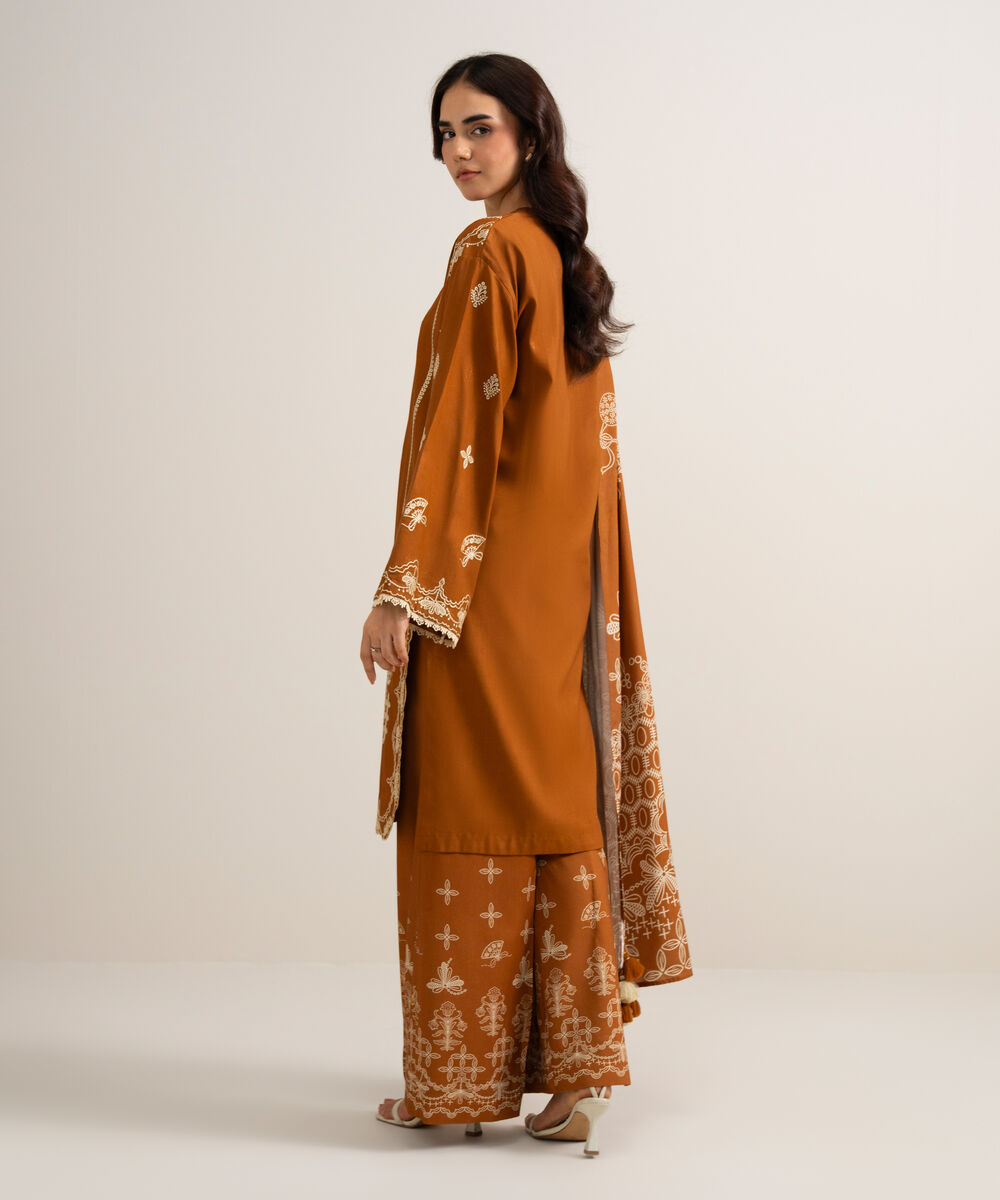 Women's Unstitched Embroidered Linen Mustard 3 Piece Suit