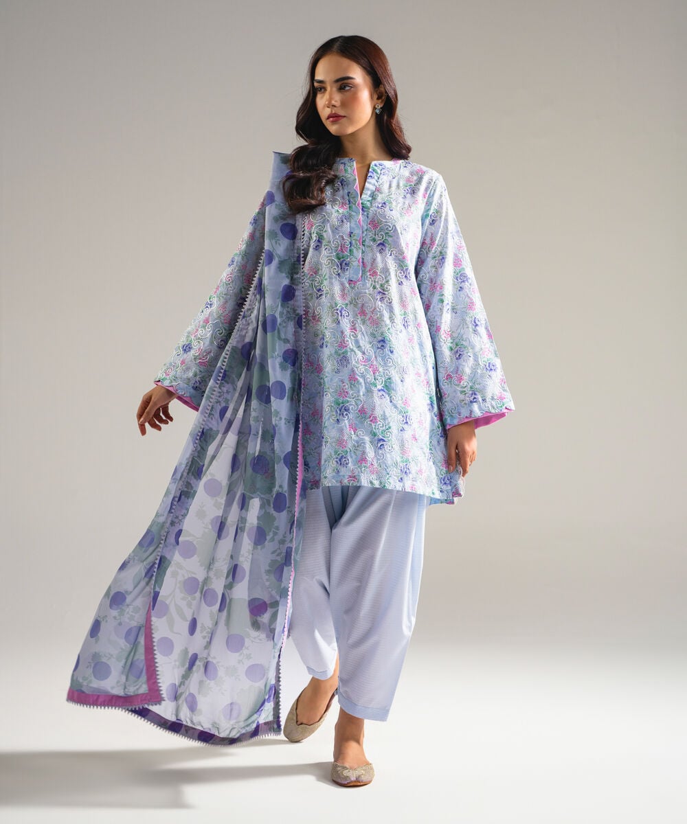 Women's RTW Dobby Embroidered Blue 3 Piece Suit