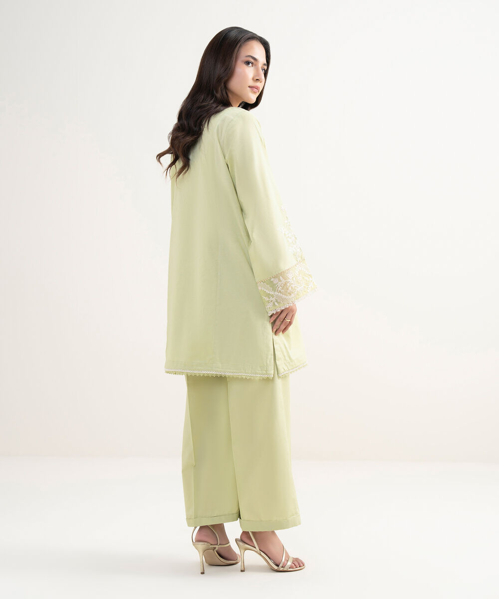 Women's RTW Self Jacquard Embroidered Green Straight Shirt