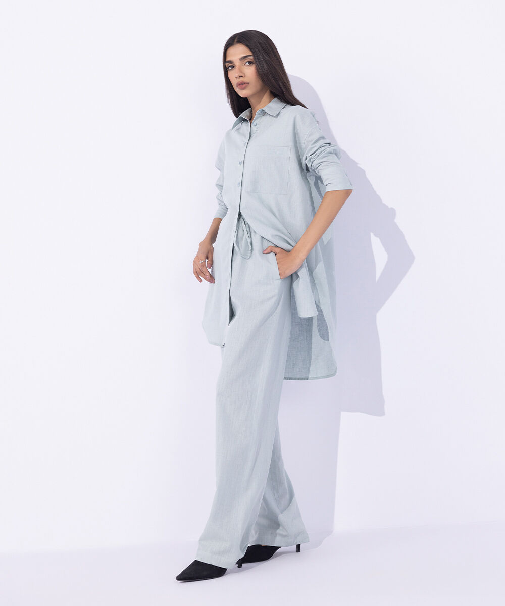 Women's Western Wear Blue Linen Blend Button Through Shirt