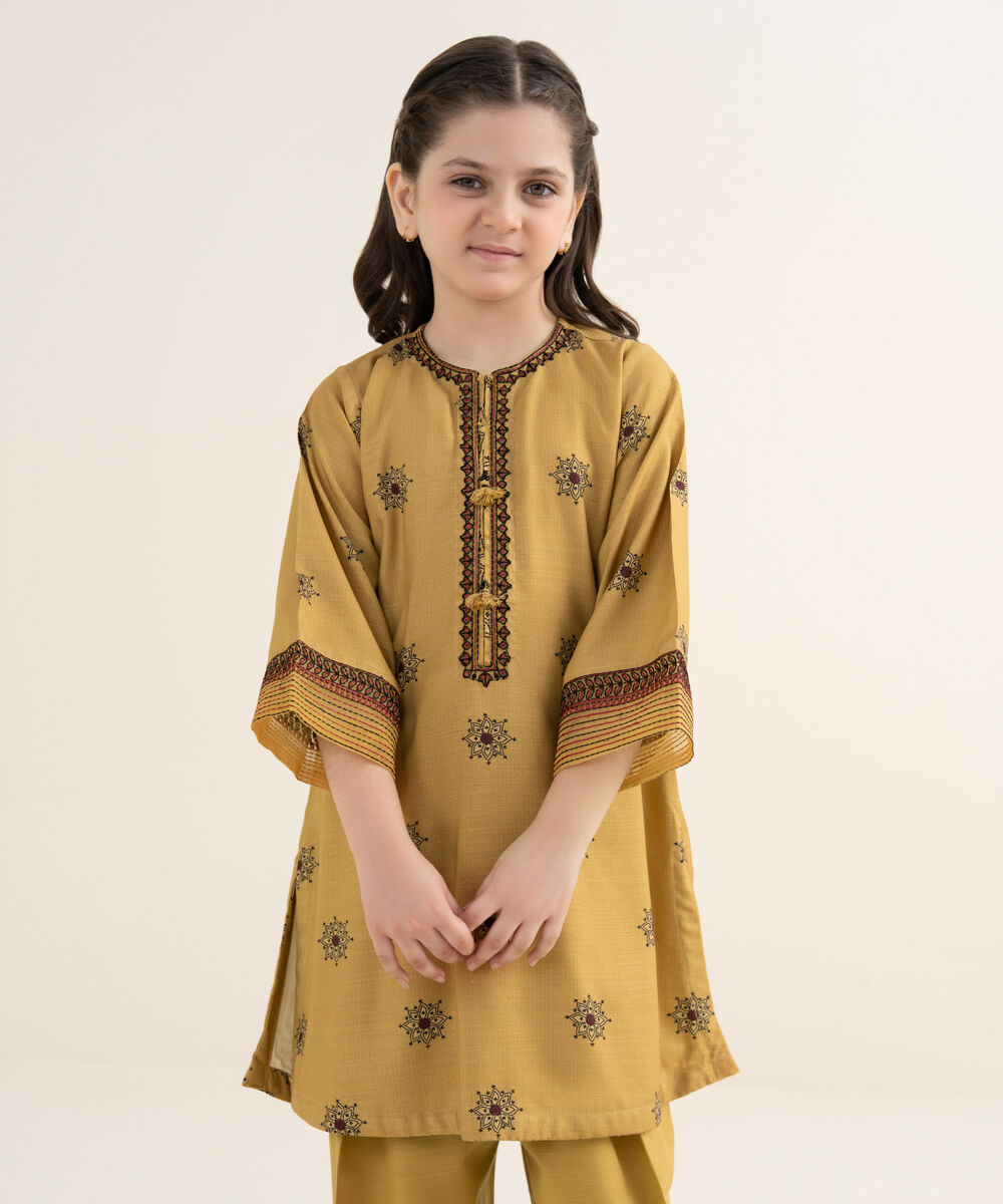 Girl's Herringbone Embroidered Mustard 2 Piece Set