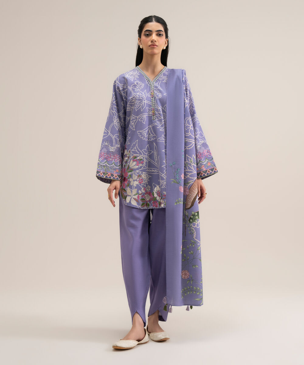 Women's Unstitched Premium Khaddar Embroidered Lilac 3 Piece Suit