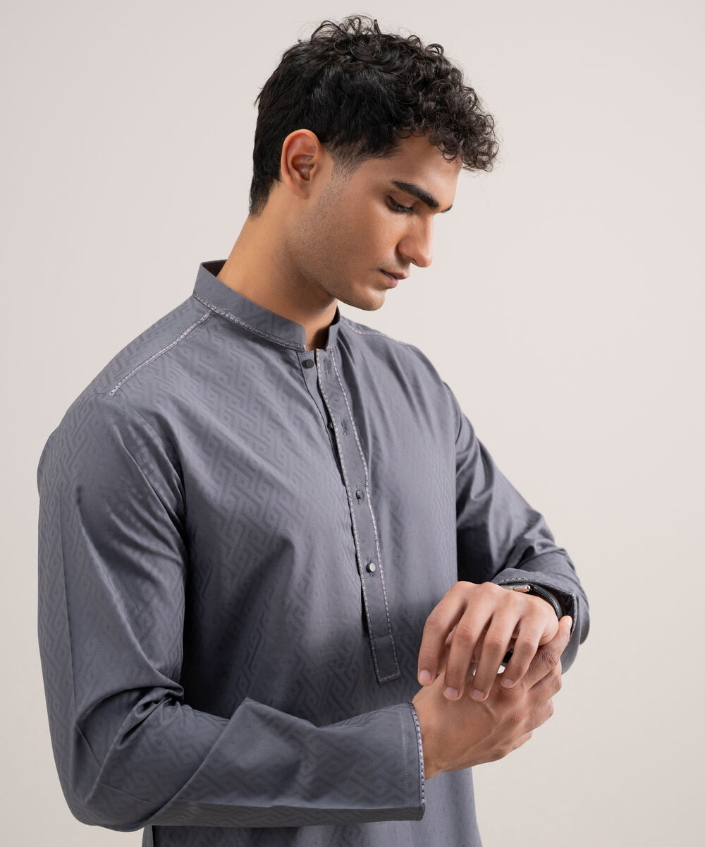 Men's Stitched Cotton Jacquard Grey Kurta