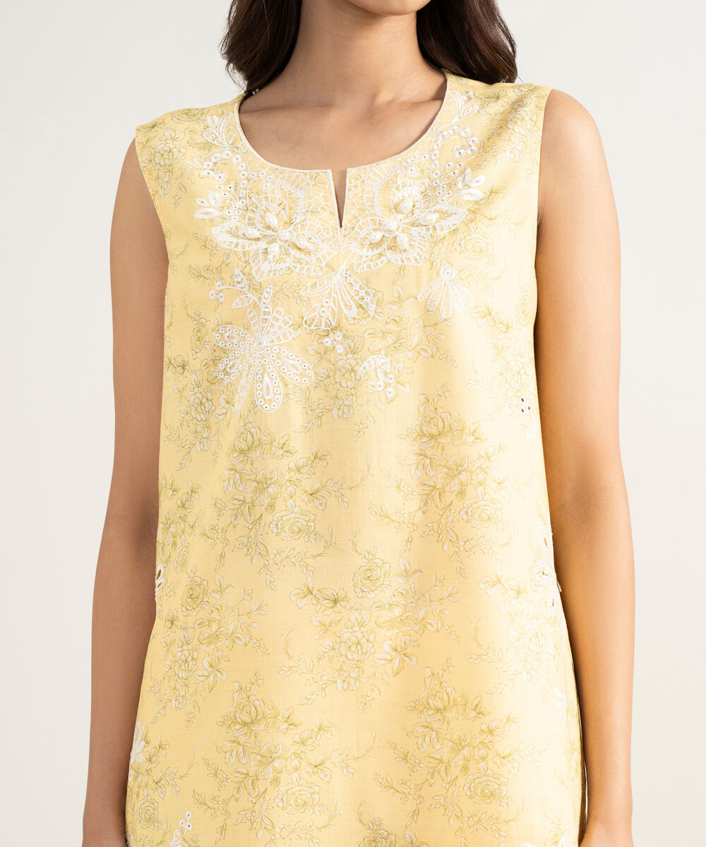Women's RTW Zari Cotton Embroidered Yellow Straight Shirt