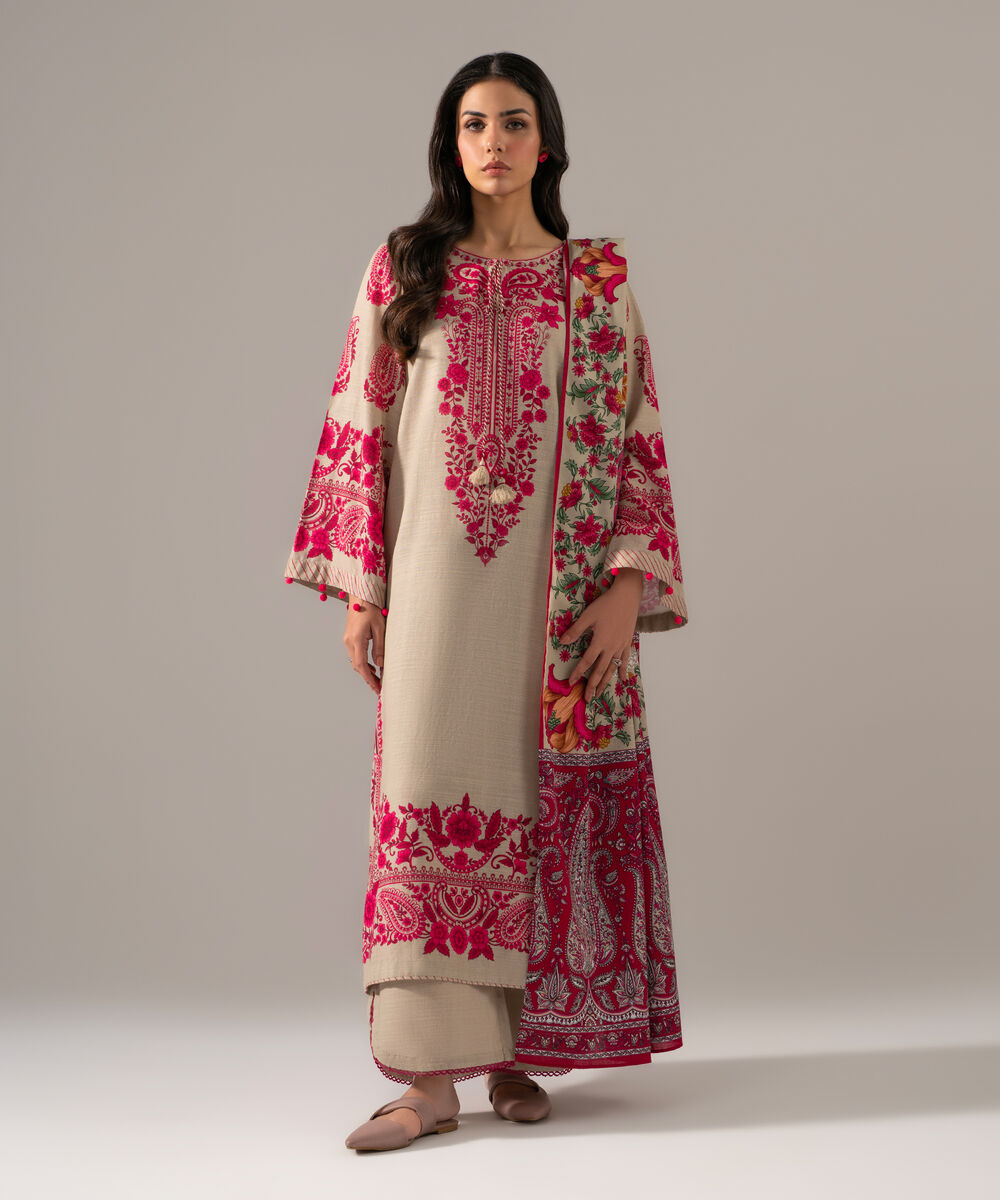 Women's RTW Khaddar Printed Beige 3 Piece Suit