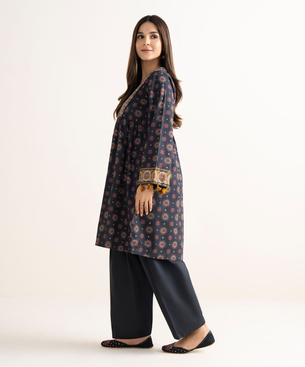 Women's RTW Cambric Black Printed A-Line Shirt