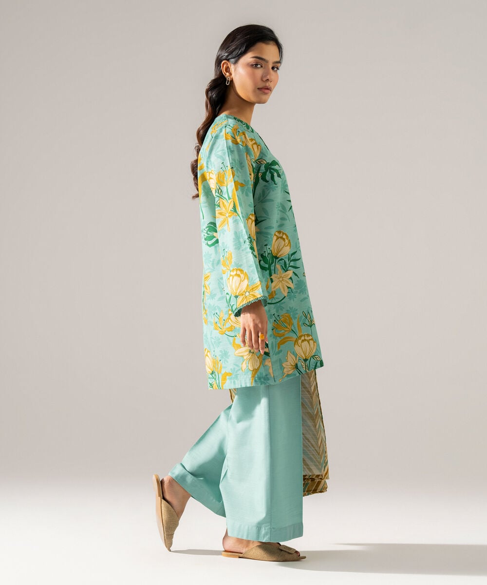 Women's RTW Khaddar Printed Seafoam Green 3 Piece Suit