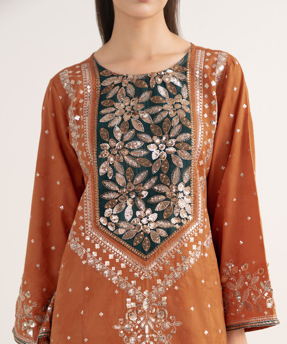 Women's RTW Self Jacquard Leno Embroidered Orange A-Line Shirt