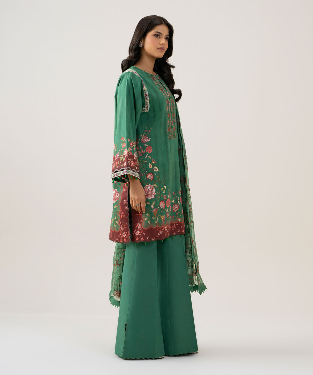 Women's Unstitched Blended Chiffon Printed Green  3 Piece Suit