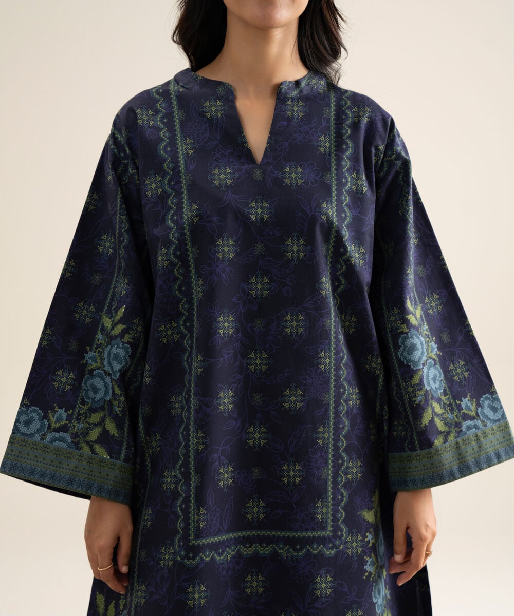 Women's Unstitched Cotton Printed Blue 3 Piece Suit