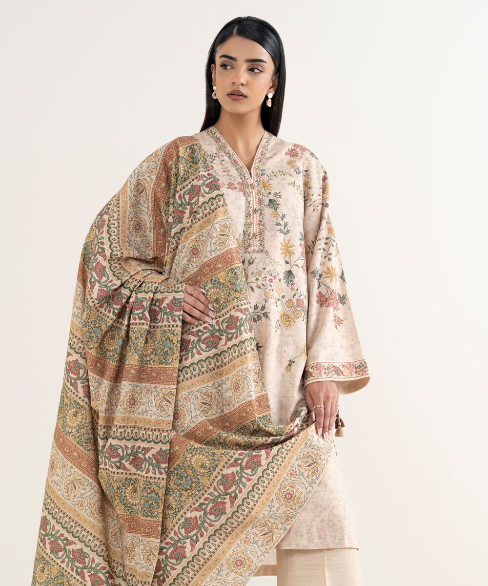 Women's Unstitched Printed Cotton Beige 3 Piece Suit