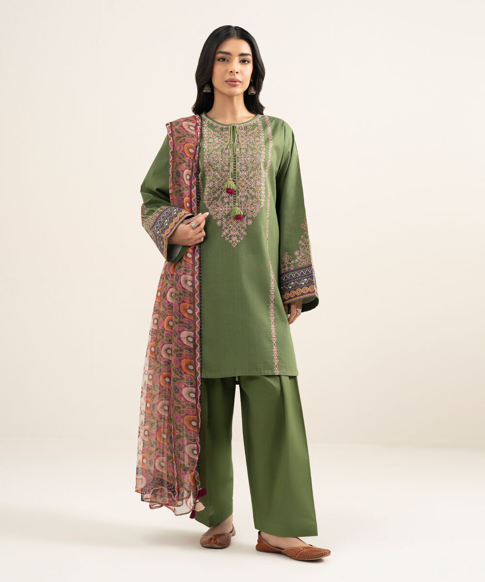 Women's Unstitched Lawn Embroidered Green 3 Piece Suit