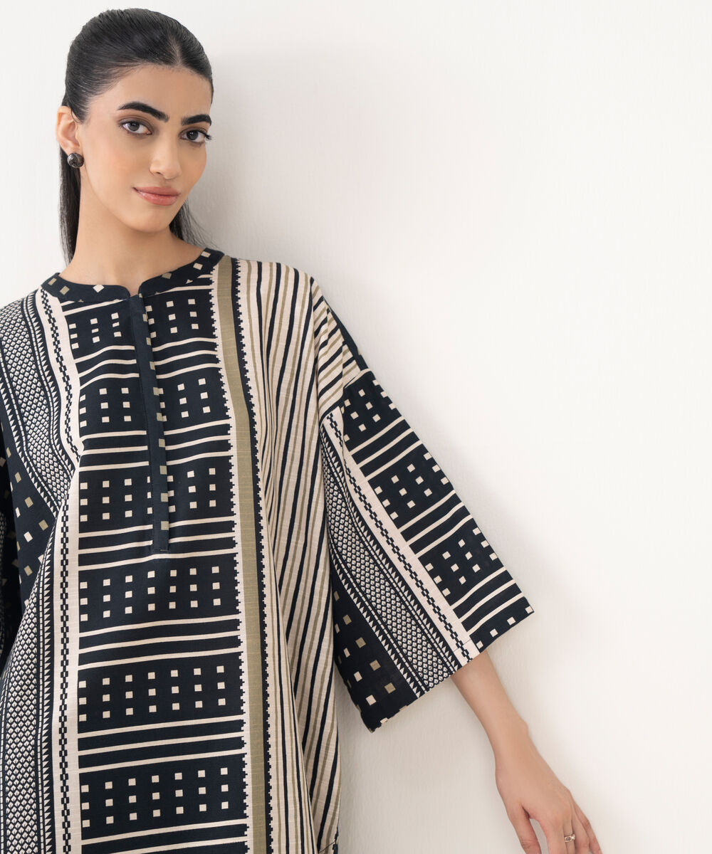 Women's RTW Light Khaddar Black Printed Boxy Shirt