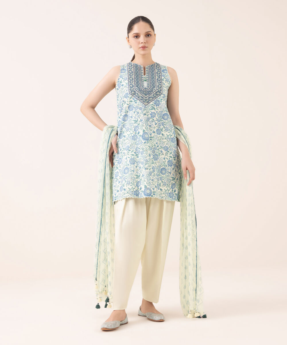 Women's Unstitched Cotton Embroidered Multi Three Piece Suit