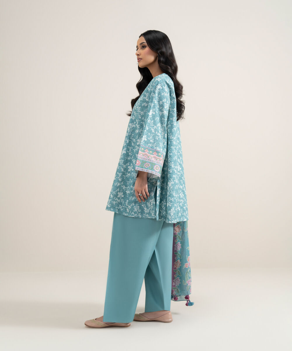 Women's Unstitched Lawn Printed Aqua 3 Piece Suit
