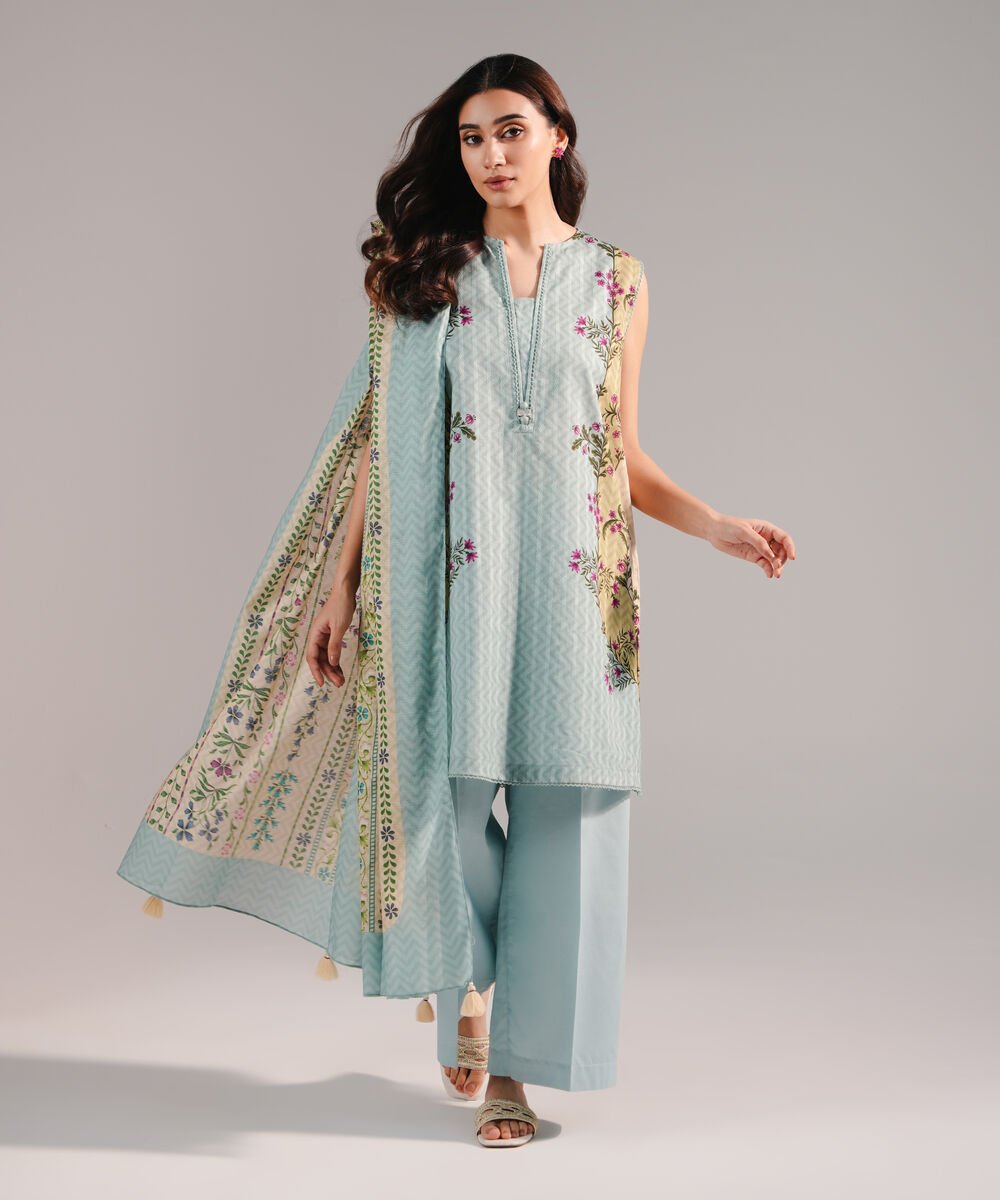 Women's RTW Dobby Printed Blue 3 Piece Suit