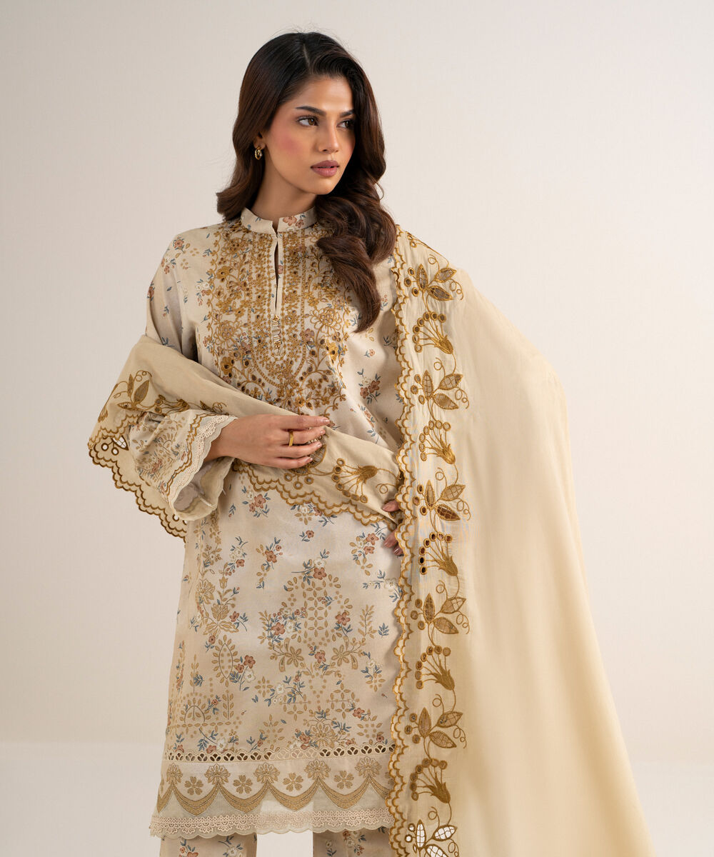 Women's Unstitched Fine Cotton Satin Embroidered Beige