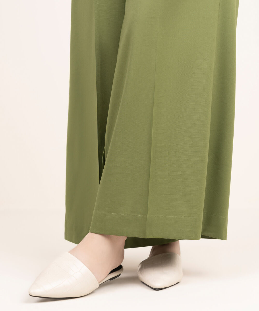 Women's RTW Cotton Viscose Solid Green Flared Pants