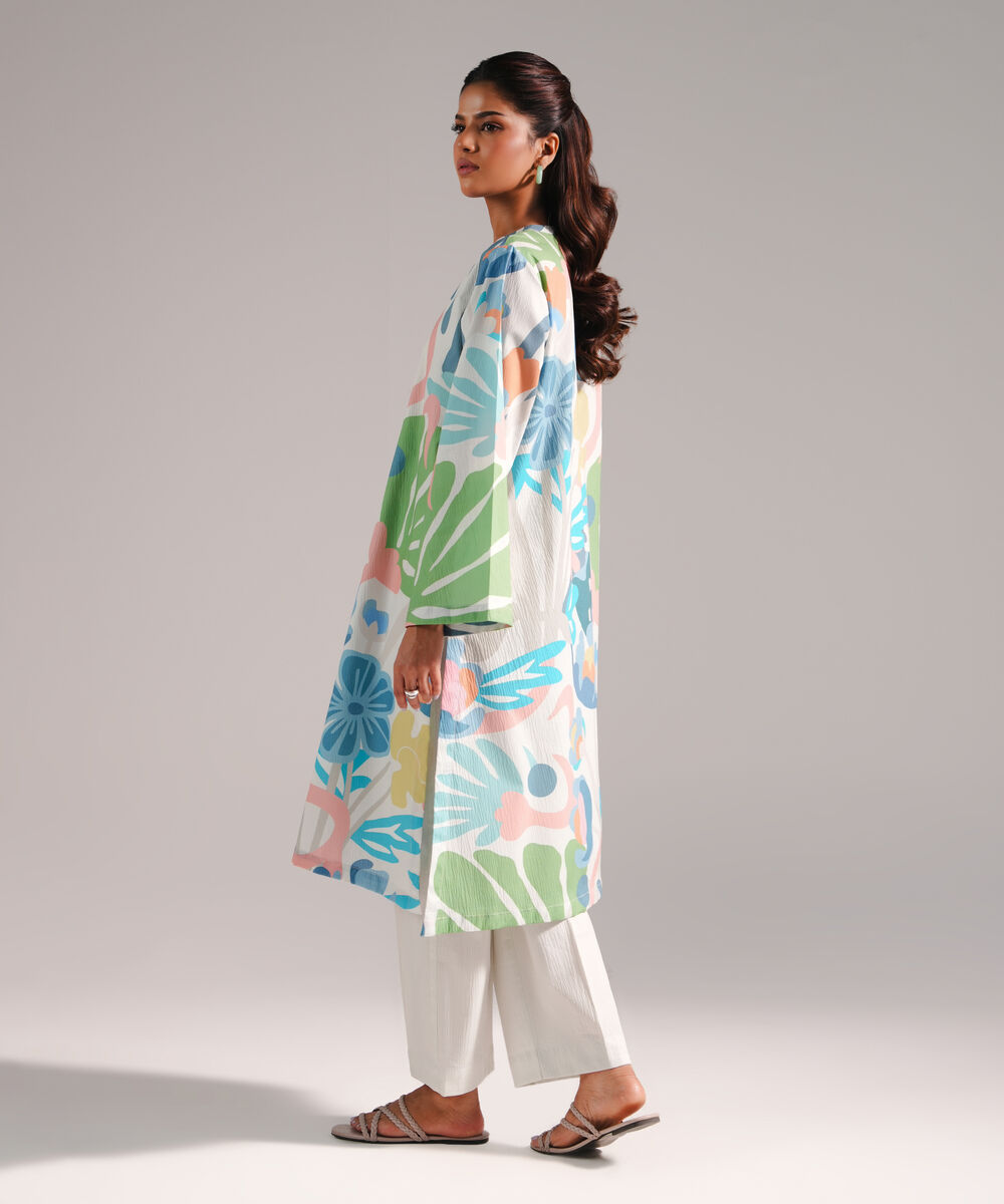 Women's RTW Seersucker Printed Grey 2 Piece Suit