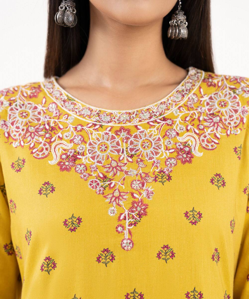 Women's RTW Lawn Viscose Yellow Embroidered Pishwas