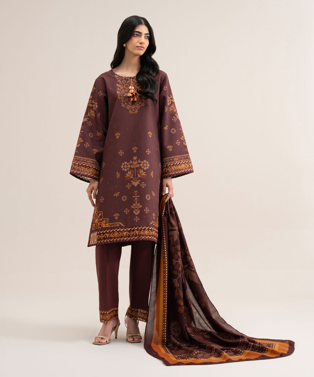 Women's Unstitched Premium Khaddar Printed Brown 3 Piece Suit