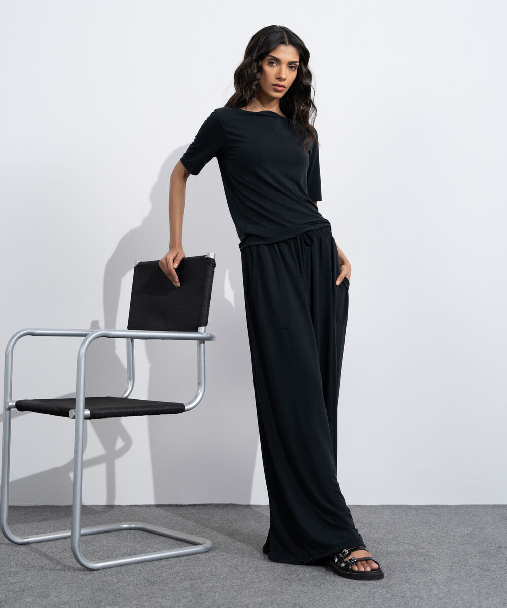 Women's Black Soft Slash Neck Top