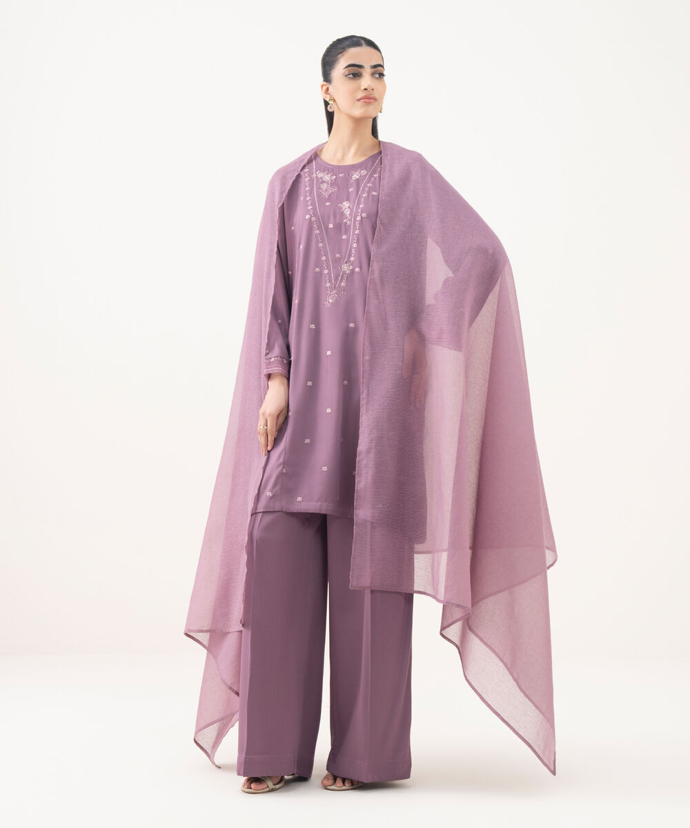 Women's RTW Bedford  Embroidered Purple Straight Shirt