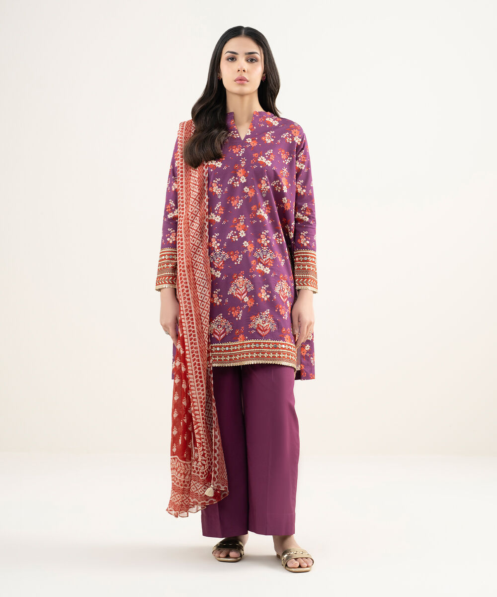 Women's Unstitched Lawn Embroidered Purple 3 Piece Suit