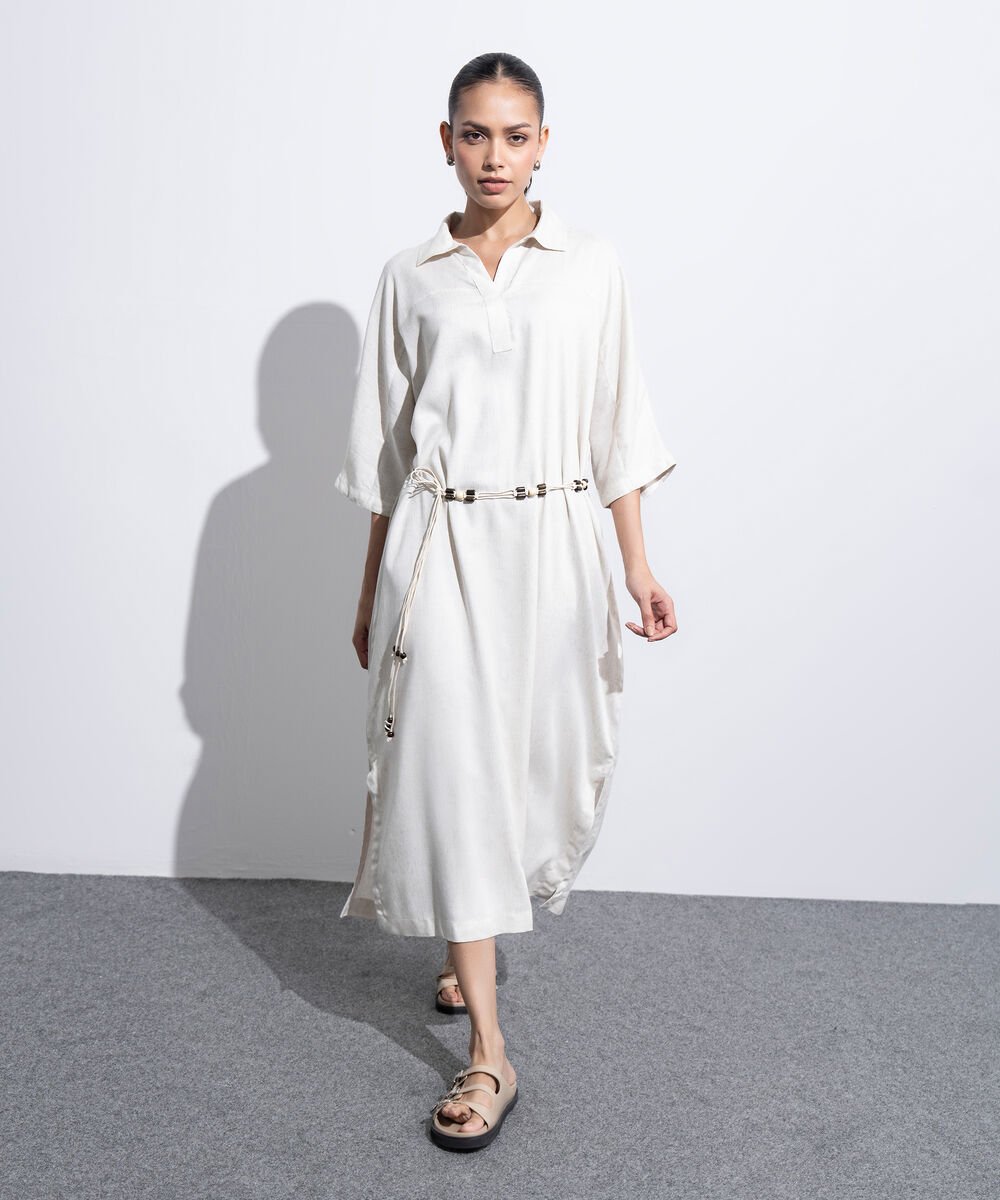Women's Western Off-white Linen Dress With Crochet Belt