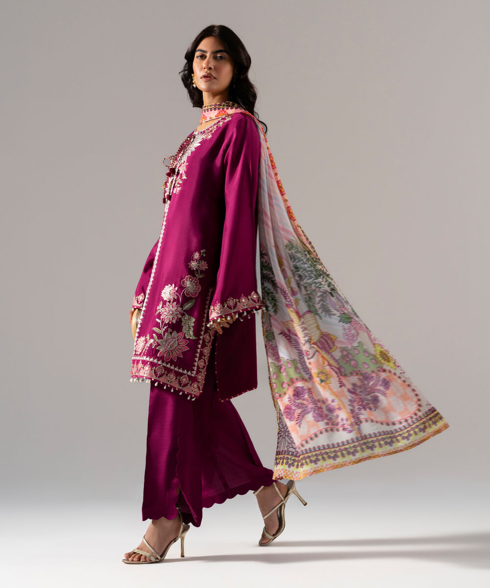 Women's RTW Solid Embroidered Plum Bright Raw Silk 3 Piece Suit