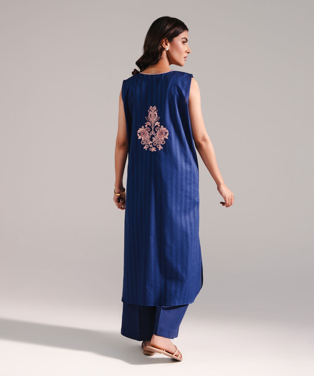 Women's RTW Dobby Embroidered Dark Blue 2 Piece Suit