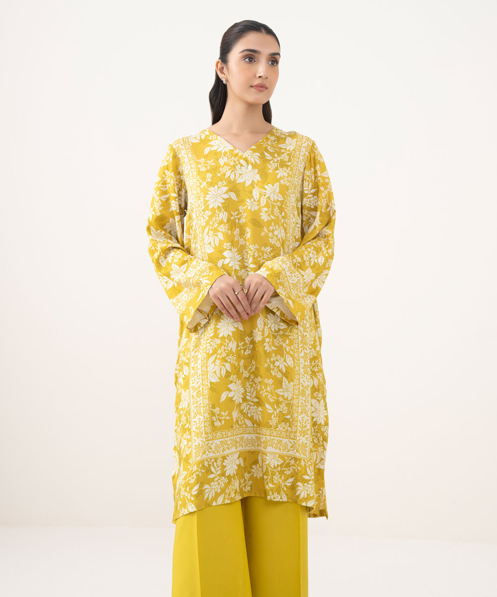 Women's RTW Linen Viscose Printed Lime Straight Shirt