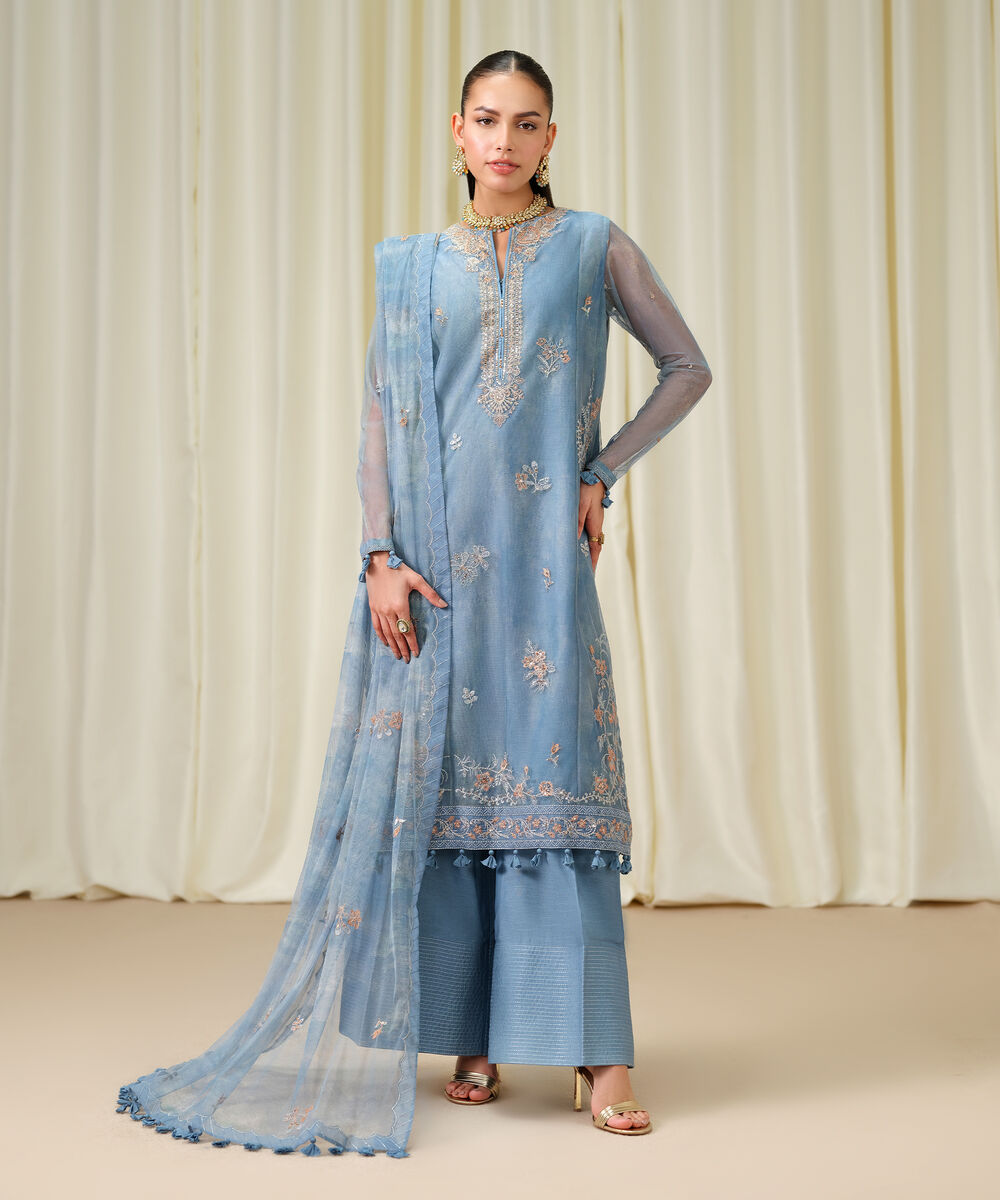 Women's Unstitched Blended Net Embroidered Blue 3 Piece Suit