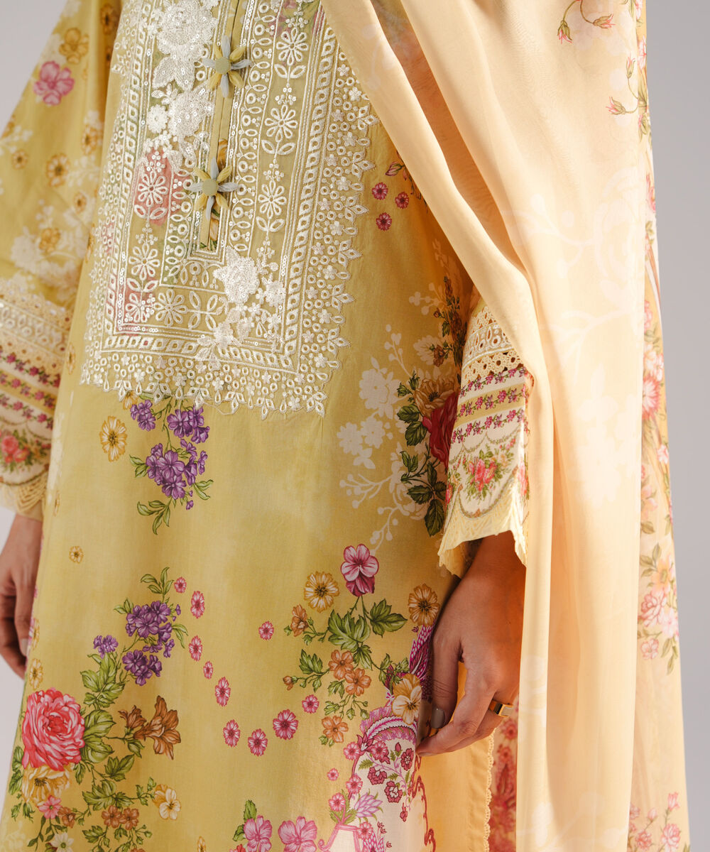 Women's RTW Lawn Embroidered Yellow 3 Piece Suit