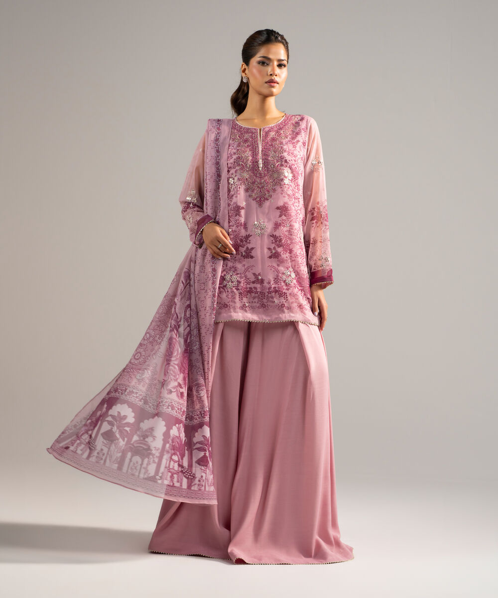 Women's RTW Chiffon Embroidered Pink 3 Piece Suit