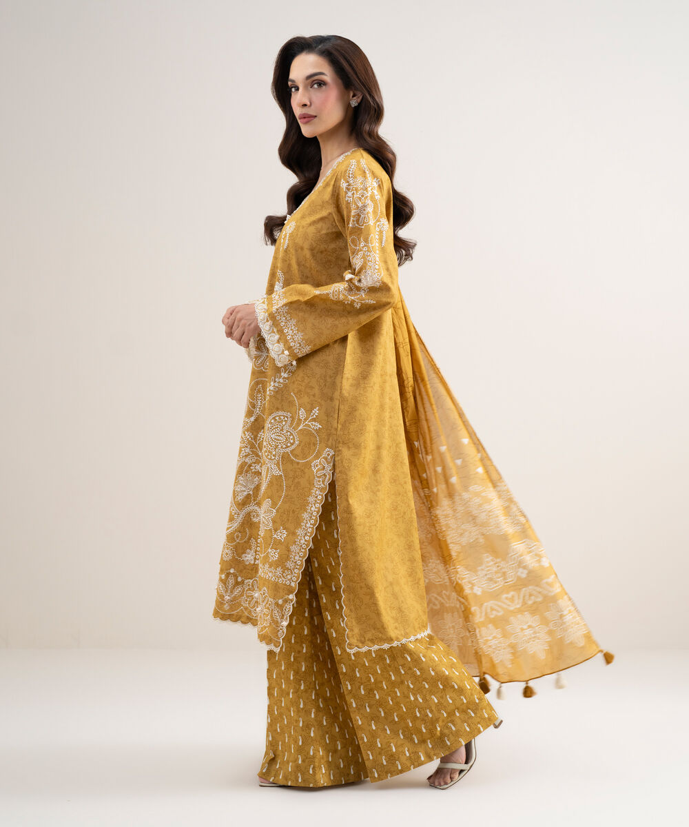 Women's Unstitched Lawn Embroidered Yellow 3 Piece Suit