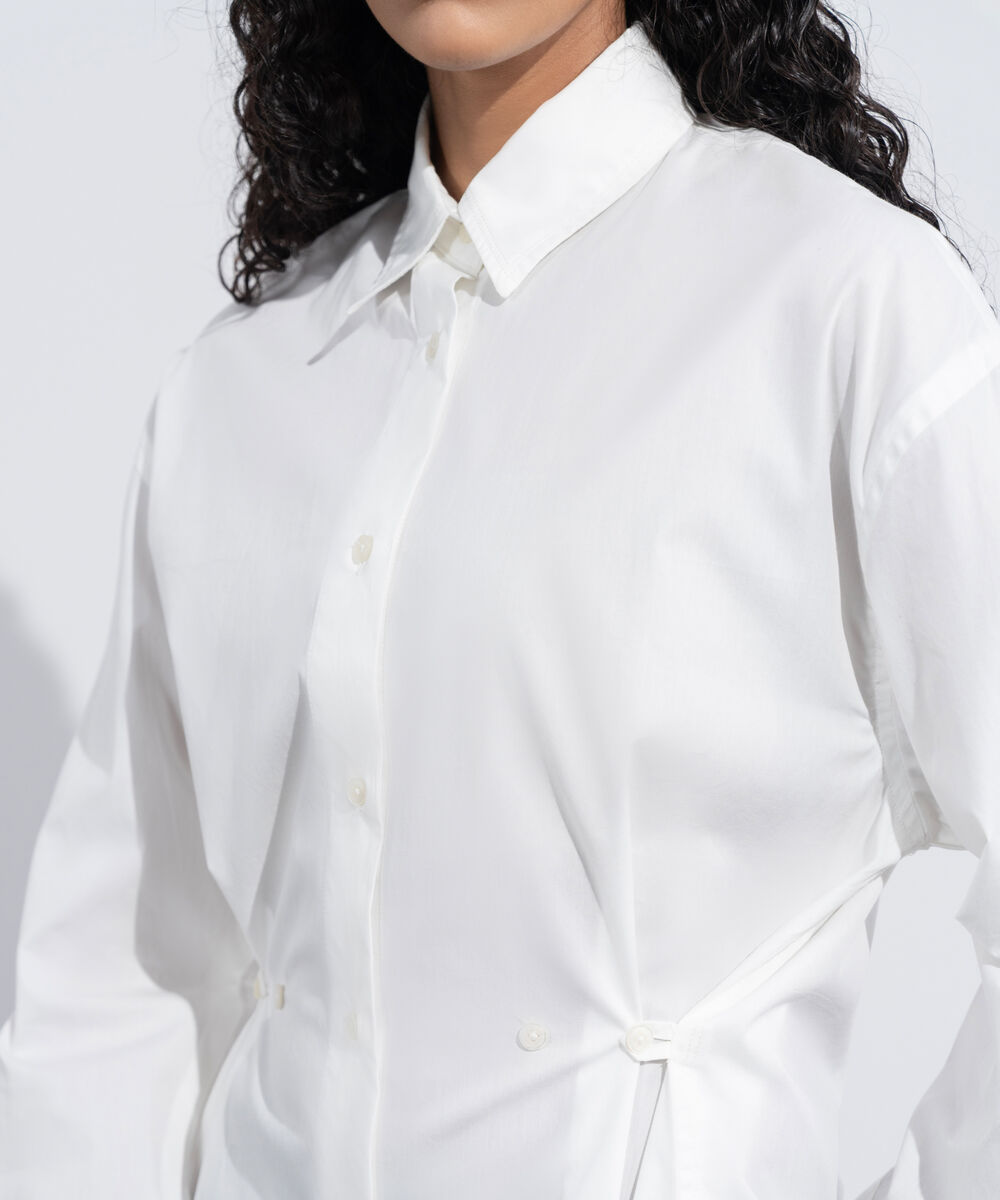 Women's Western Wear White Cinched Waist Button Through Shirt
