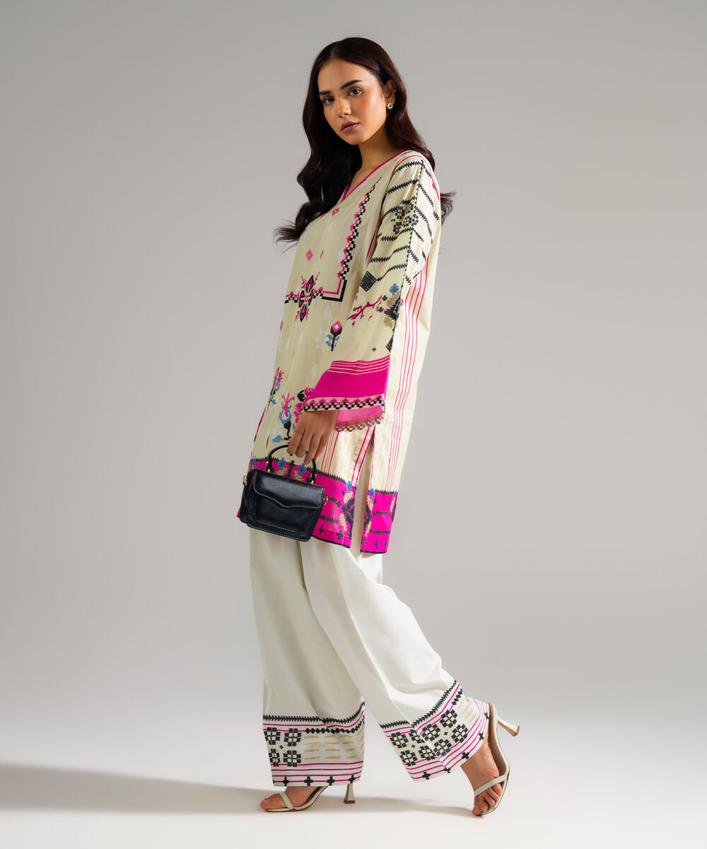 Women's RTW Lawn Embroidered Beige Straight Shirt