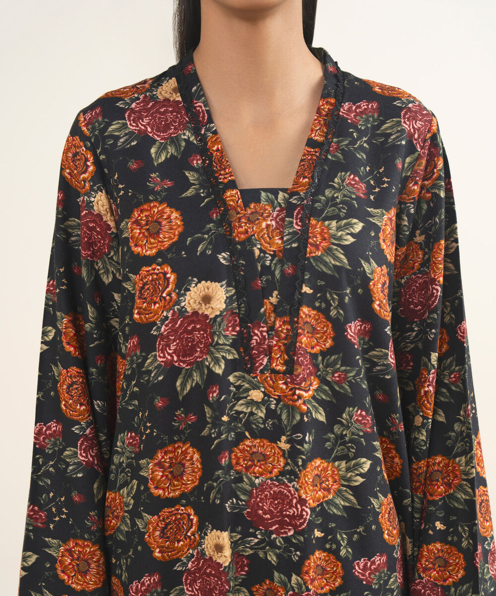 Women's RTW Herringbone Printed Black A-Line Shirt