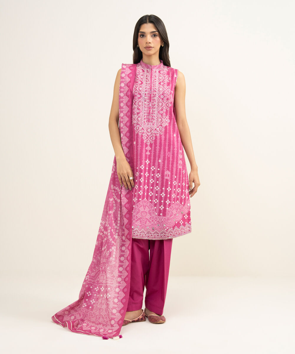 Women's Unstitched Lawn Embroidered Pink 3 Piece Suit