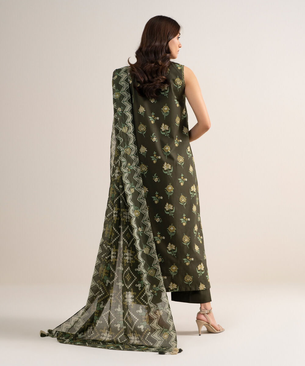 Women's Unstitched Cotton Embroidered Green 3 Piece Suit