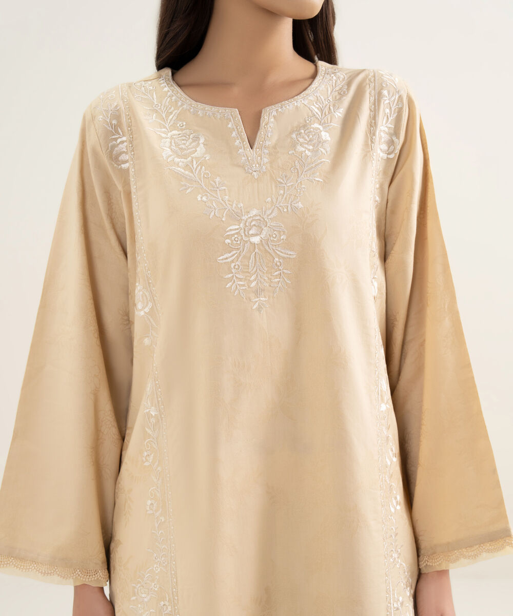 Women's RTW Self Jacquard Embroidered Beige A-Line Shirt