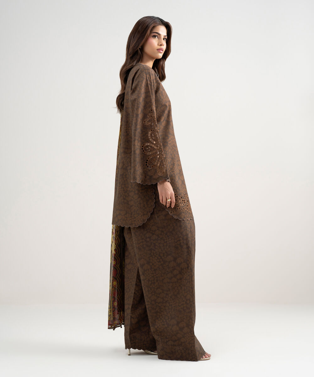 Women's Unstitched Lawn Embroidered Brown 3 Piece Suit