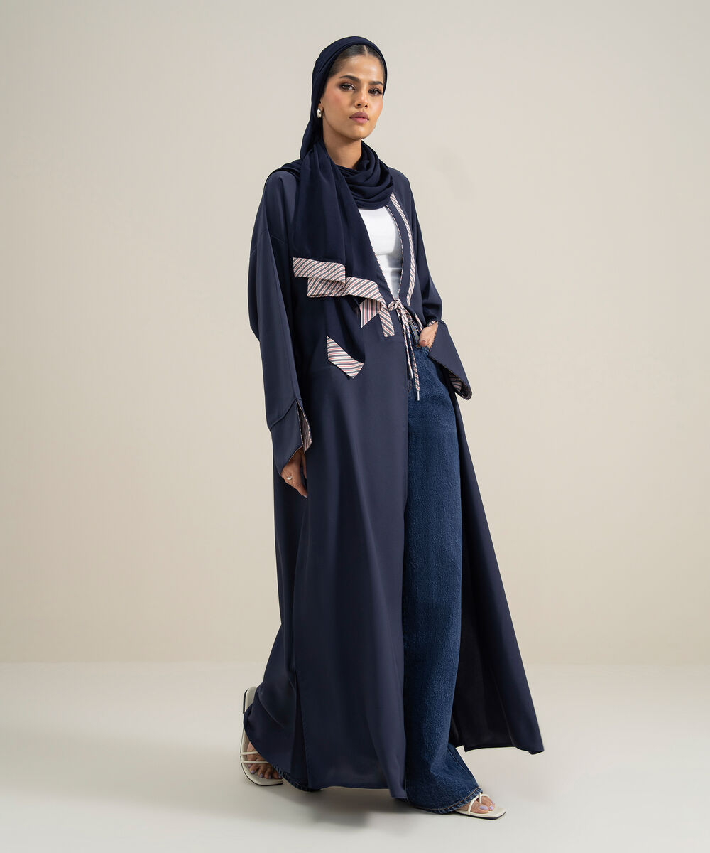 Women's Polyester Blue Front Open Regular Abbaya Set