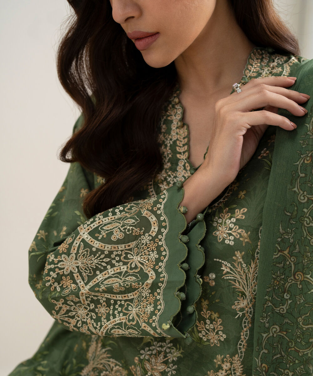 Women's Unstitched Lawn Embroidered Green 3 Piece Suit